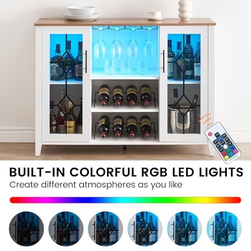 Image of Farmhouse Wine Bar Cabinet with LED Light, Wood Storage Cabinet with Glass Doors, Adjustable Shelves, Wine & Coffee Station for Dining Room, Living Room, Home Bar,White