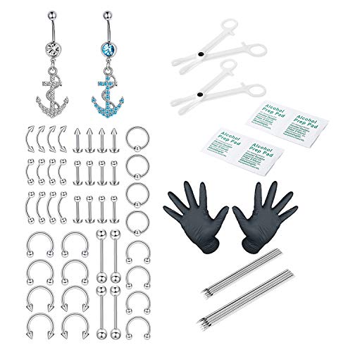 Udalyn 64/66 Pcs 14G 16G Professional Body Piercing Kit Stainless Steel Belly Rings