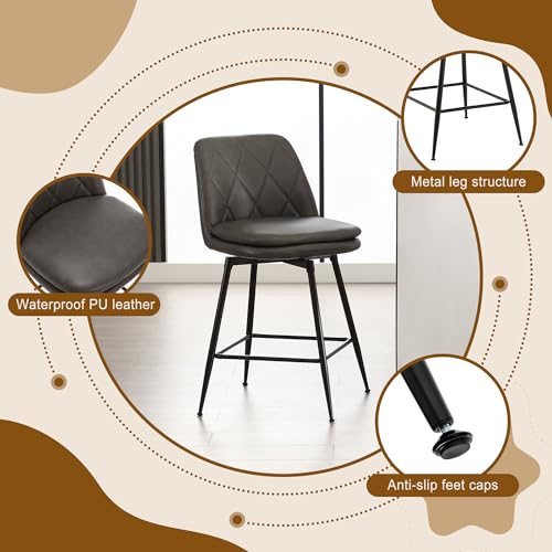 Image of Swivel Bar Stools Set of 4, Swivel Counter Height Bar Stools Set with Metal Legs and Upholstered Faux-Leather Seats, Modern Bar Stool with Back for Kitchen Island (A26 H, Grey)