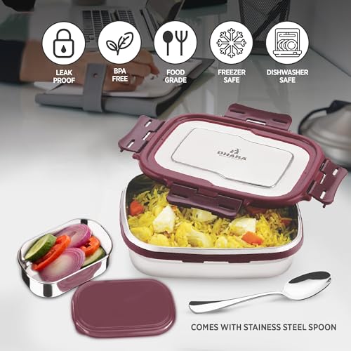 Image of Dhara Stainless Steel Blaze Tiffin Box for School, 800ml Airtight Lunch Box 600ml with Mini Container 200ml and Spoon - Maroon