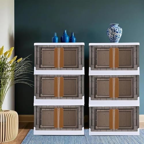 Image of Multipurpose Foldable Drawer Cabinet Organizer - Plastic Storage Cupboard with Double Door & Wheels | Clothes Rack, Kids Wardrobe for Home, Kitchen, Office (White & Grey) 6 Layer