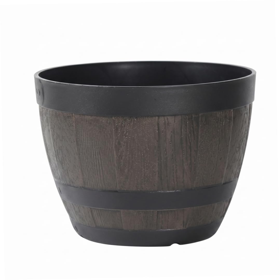 Ameble 9 Inch Whiskey Barrel Planter Plastic Plant Pot with Pre-Drilled Drainage Holes for Garden - Brown