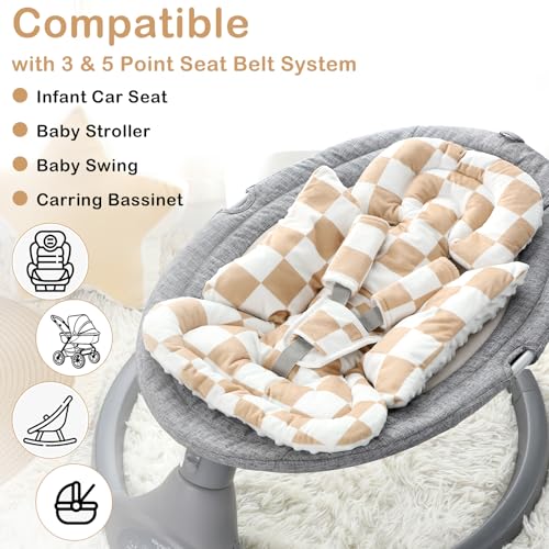 Image of DILIMI Infant Car Seat Insert, Baby Car Seat Head Support with 3 Strap Paddings, Soft Newborn Car Seat Cushion for Stroller, Swing, Bouncers, Brown Checkered