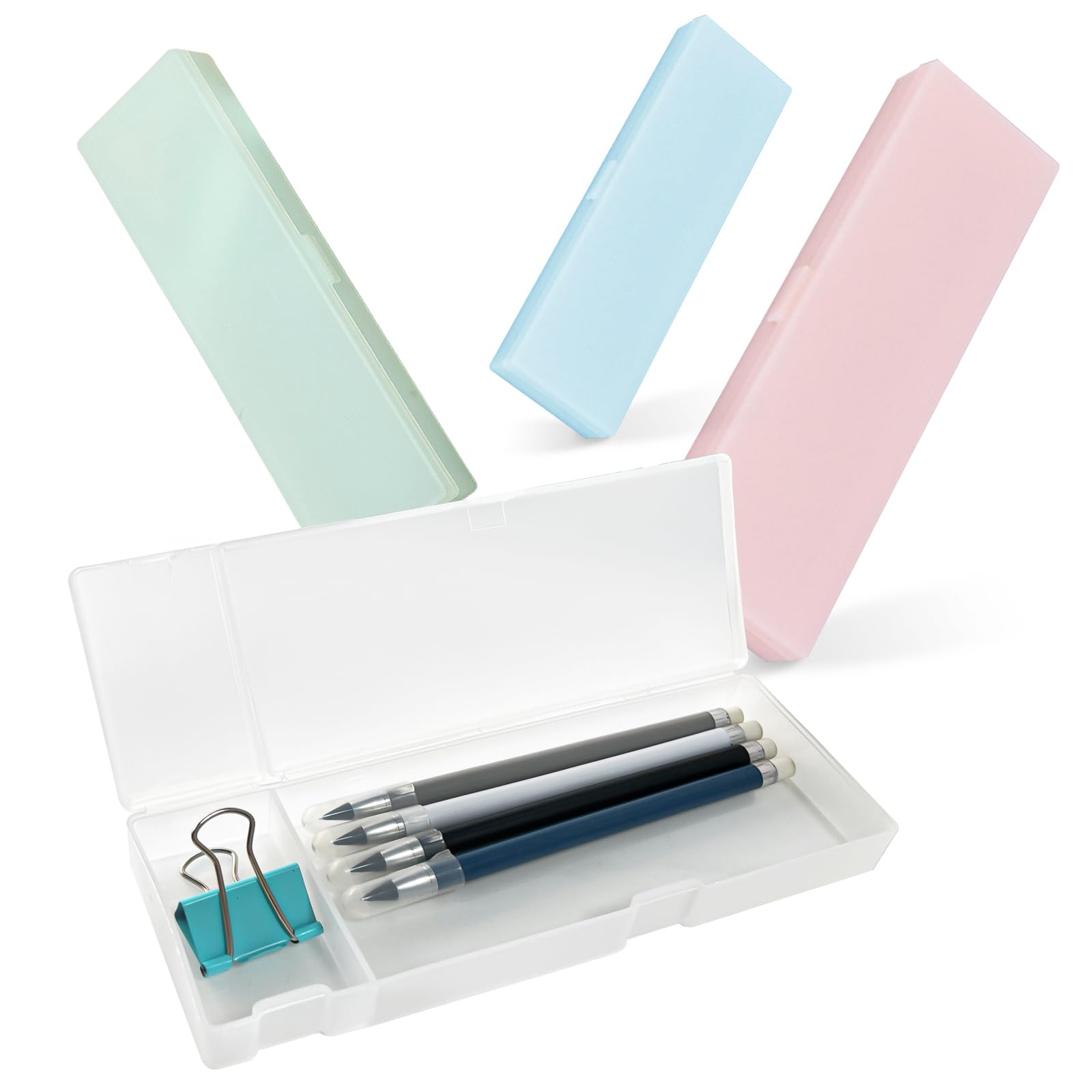 CIOUYAOS4PCS Plastic Pencil Case, 4-Color Clear Pencil Box with Snap-tight Lid, Transparent Large Pencil Case for College Students Office Supplies (Large)