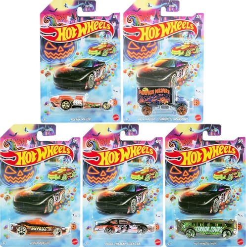 Hot Wheels Halloween Theme Die-Cast Toy Cars Set of 5, Includes Rockin' Railer, Baja Hauler, Alpha Pursuit, Dodge Charger Stock Car, Hot Wheels High DXT91-979J - image 1