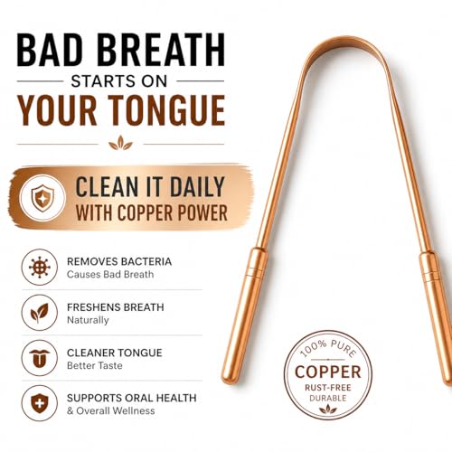 Image of Copper Tongue Cleaner - 100% Pure Copper Tongue Scraper | Ayurvedic Oral Hygiene Tool for Fresh Breath, Detox & Bacteria Removal | Rust-Free, BPA-Free, Reusable