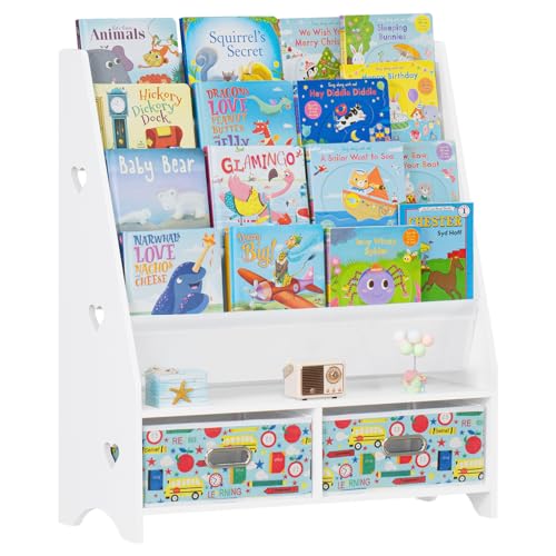 Image of Lerliuo 5 Tier Kids Bookshelf, White Children Sling Book Shelf with 2 Drawers, Baby Toddler Wooden Bookcase and Book Rack, Display Shelves Storage Organizer for Classroom, Playroom, Bedroom, Nursery