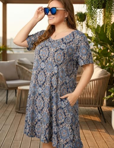 Image of OVERWORETY Womens Short Sleeve Plus Size T-Shirt Dress V Neck Casual Loose Swing A-Line Summer Tunic Dresses with Pockets