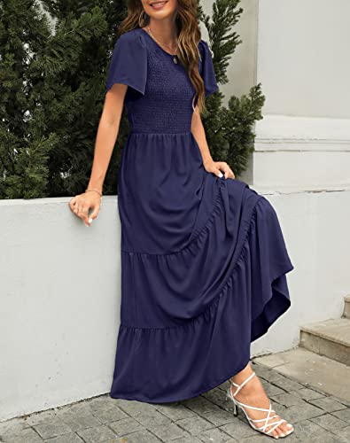 Image of Kranda Women Summer Round Neck Flutter Short Sleeve Smocked Ruffle Tiered Solid Color Maxi Long Dress 2023