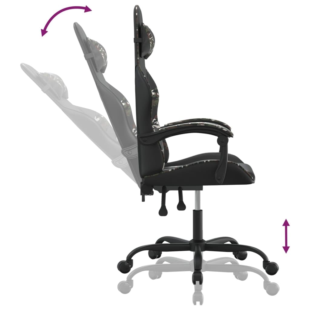 Krzesło gamingowe, czarne, moro, sztuczna skóra, obrotowe, regulowane, ergonomiczne, dla graczy