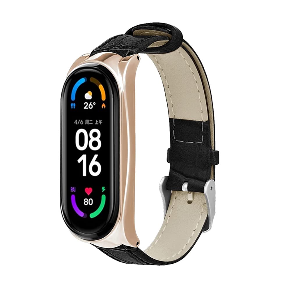 KangPlus Wrist Strap Compatible with Xiaomi Mi Band 6/Mi Band 5 Bracelet,Classical Leather Replacement Wrist Strap Adjustable 7.8 - 9.4 inch with Metal Frame - Black+Gold