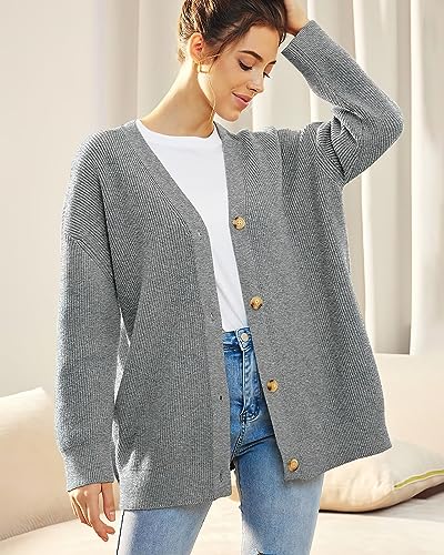 Image of ebossy Women's Open Front Knit Cardigan Casual Long Sleeve Oversized Button Lightweight Sweater Outwear (M, Grey)