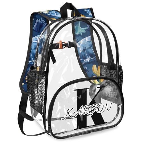 Personalized Large Clear Backpack Stadium Approved Heavy Duty PVC Plastic Custom Sea Turtles Transparent Backpacks See Through Bag with Name, Beach Theme2