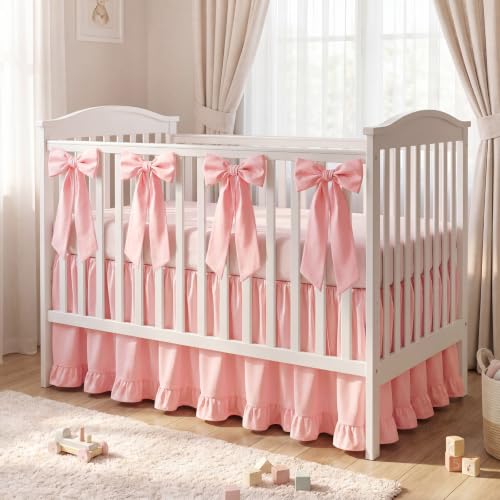 Image of Smoothnovelty Pink Crib Bed Skirts with 4 Large Cot Bow 28 inch x 52 inch, 14 inch Drop