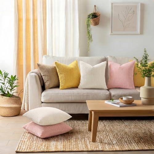 Image of Mecatny Corduroy Fall Decorative Throw Pillow Covers 26x26 Set of 2 for Sofa Living Room, Soft Neutral Boho Couch Pillow Covers for Home Decor, Cream White