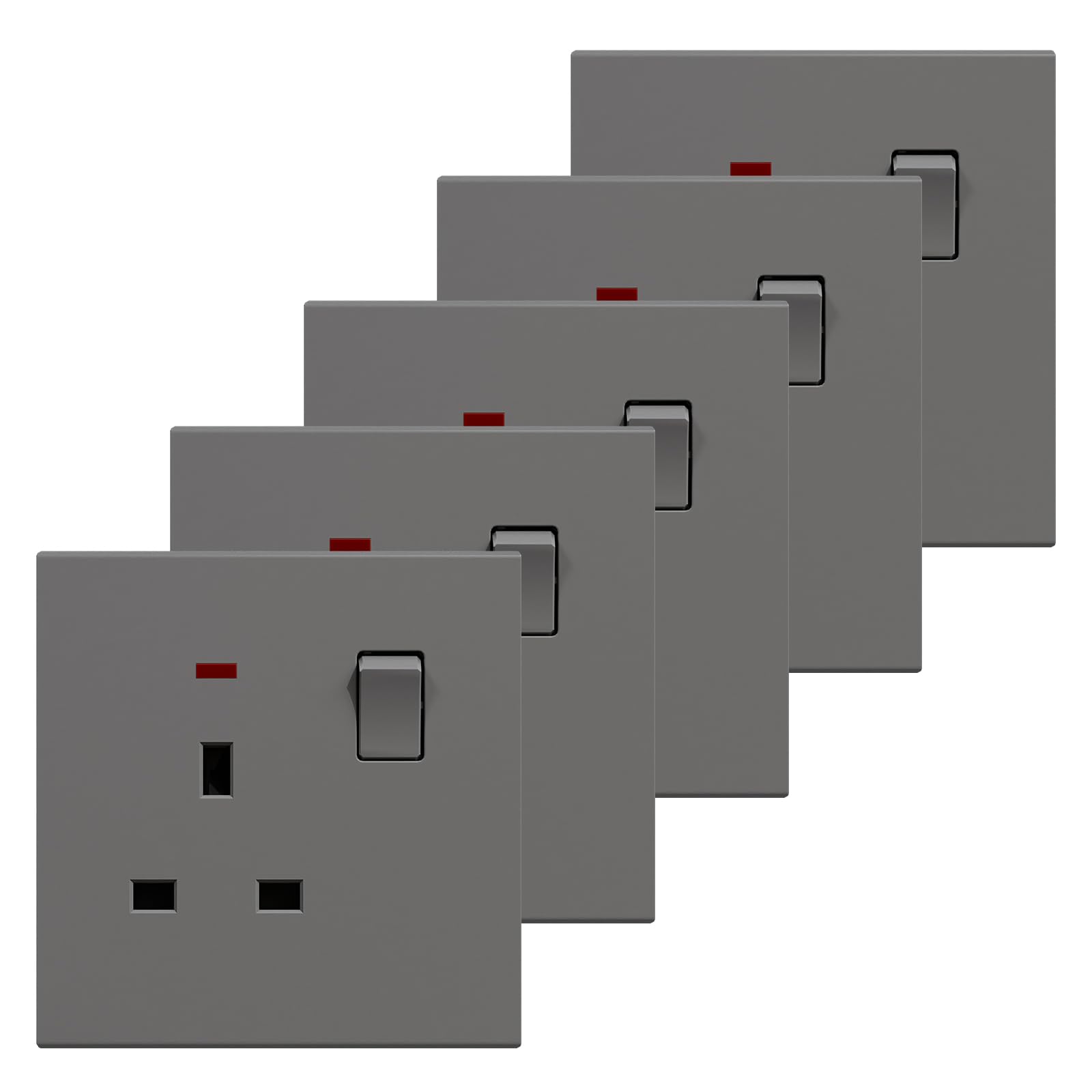 BSEED Single Socket 5 Pack, Electrical Single Switched Power Plug Wall Socket with LED Indicator, PC Wall Plate Outlet, Grey, 13A