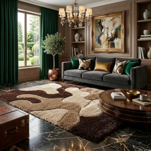 Image of Tauhid Carpet Super Soft Microfiber Shaggy Area Rug Modern Abstract Beige Brown & Cream Plush Carpet | Fluffy Floor Rug for Living Room, Bedroom 4x6 Feet.