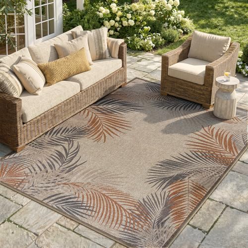 LIVEBOX Modern Easy Jute 5x7 Outdoor Rug, Washable Area Rugs for Living Room Patio Tropical Leaf Indoor Outdoor Rug, Boho Farmhouse Non Slip Carpet for Backyard Foyer Dining Room(Beige, 5'x7')