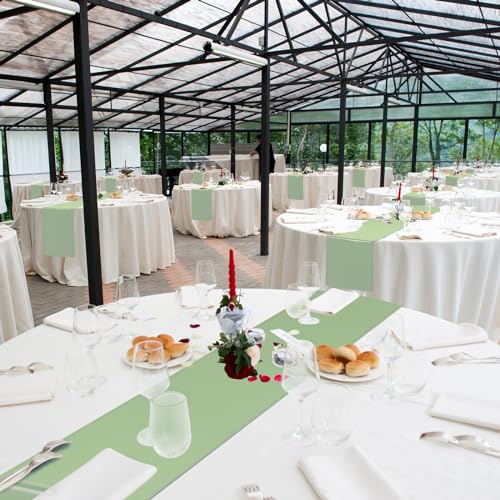 Image of 12Pack 12x108 Inch Satin Table Runner and 84 Inch Round Plastic Tablecloths White Sage Green Disposable Round Table Cover for Graduation Wedding Bridal Shower Anniversary Birthday Party Decorations