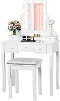 Vista 16 de CHARMAID Escritorio de maquillaje para niñas con luces, mesa de tocador con espejo iluminado, 3 modos de iluminación, brillo ajustable, mesa