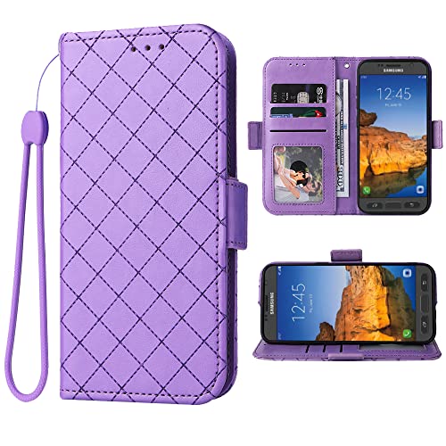 Compatible with Samsung Galaxy S7 Active Wallet Case and Wrist Strap Lanyard and Leather Flip Card Holder Cell Phone Cover for Glaxay S7Active Gaxaly S 7 7Active 7s Galaxies G891A Women Men Purple