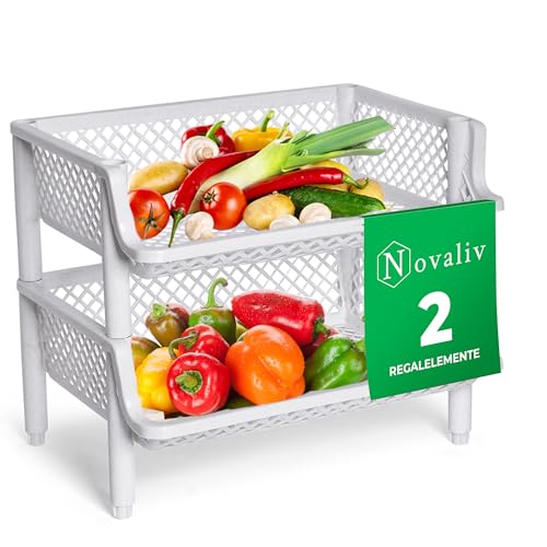 Novaliv 2 Stück Korbregal Weiß Steckregal Stapelbar & Erweiterbar, Regale für Vorratsraum, Lebensmittelregal, Obstregal Keller Aufbewahrungssystem, Vorratskammer Ordnungssystem, Getränkeregal