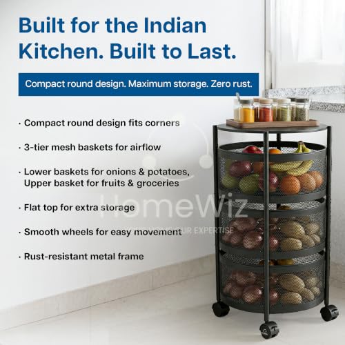 Image of HomeWiz Round Kitchen Rack 3- Layer | Lifetime Usage Heavy Duty Steel Trolley | Kitchen Storage | Onion Potato Rack for Kitchen | Multipurpose Storage Rack for Fruits & Vegetables | Rust-Free Forever