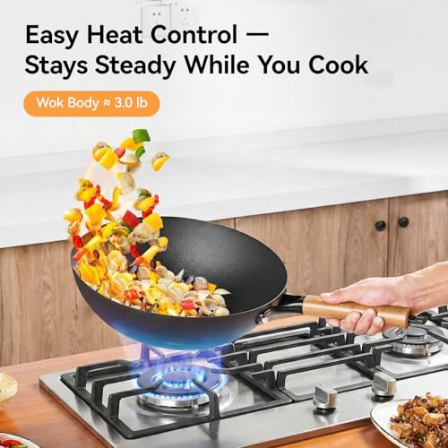 Image of WANGYUANJI 12.6 inch Carbon Steel Wok with Lid, Flat Bottom Wok Pan for Induction and Gas Stoves, Heavy Duty Unseasoned Asian Stir Fry Pan with Detachable Wooden Handle