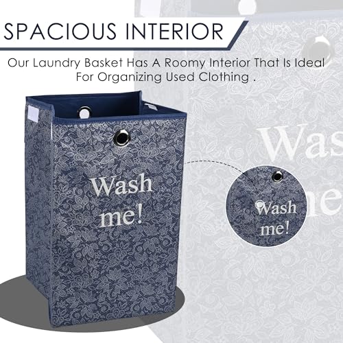 Image of Urbane Home (Pack of 2) Clothes Basket | 75 LTR | Toy Storage Box with Ring | Velcro Lid | Clothes Dress Bin | Flower Print | Foldable Laundry Basket | Washing Cloth Basket | Navy Blue