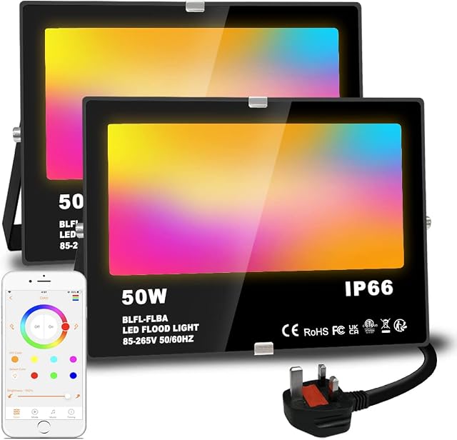 LED Floodlight Outdoor 50W 5000LM, Smart RGB Flood Lights with APP Control, Colour Changing + Warm White, Timing - DIY Scene - Garden Lighting, IP66, UK Plug2 Packs