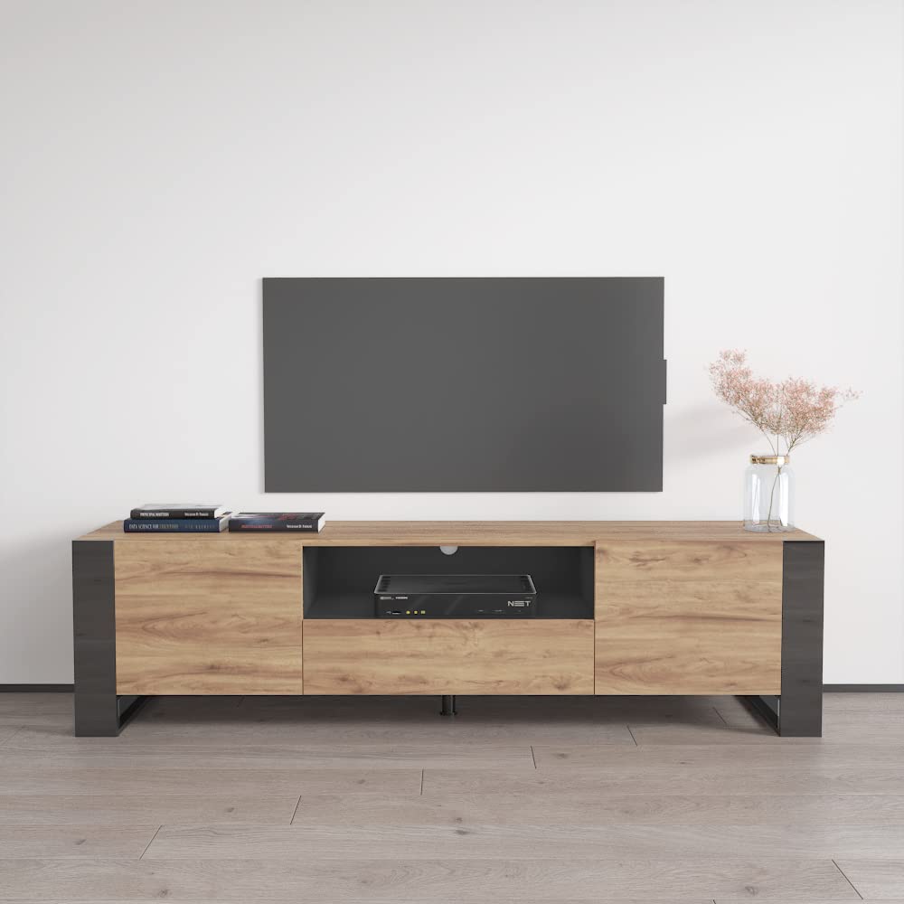 Meble Furniture Woody Freestanding TV Stand - Modern Rectangular TV Stand with Storage Cabinets - Media Entertainment Center Console Table for TV Up to 75