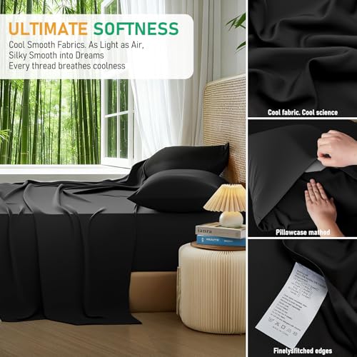 Image of 100% Viscose Derived from Bamboo Sheets Queen Size, Soft & Cooling Viscose from Bamboo Sheets Set, Organically Grown,Breathable & Soft Deep Pocket Up to 18 Inches(Black)