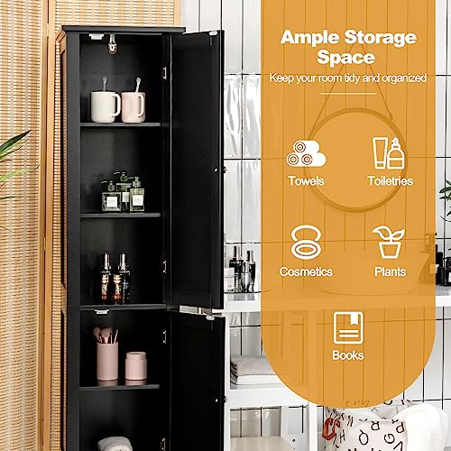 COSTWAY Tall Bathroom Storage Cabinet, 5-Tier Freestanding Linen Tower Cabinet with 2 Doors, Wooden Side Storage Organizer, Narrow Slim Floor Cabinet for Bathroom, Living Room, Kitchen (Black) - Image 5