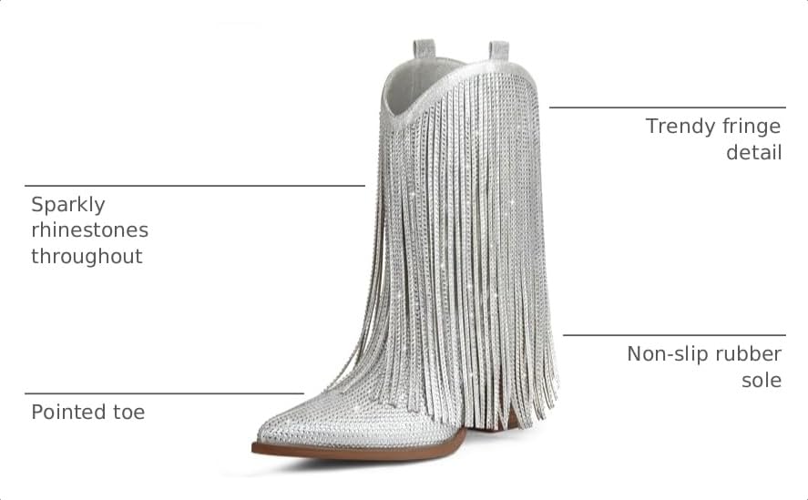 Image of Cowboy Boots for Women - Cowgirl Western Rhinestone Sparkly Fringe Chunky Heel Pointed Toe Mid Calf Boots