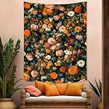 Drgilau Tapiz floral vintage, tapiz floral retro para dormitorio, diseño de flores naranjas y rojas, tapiz de pared para colgar en la pared, tapiz floral bohemio negro para dormitorio, sala de estar,
