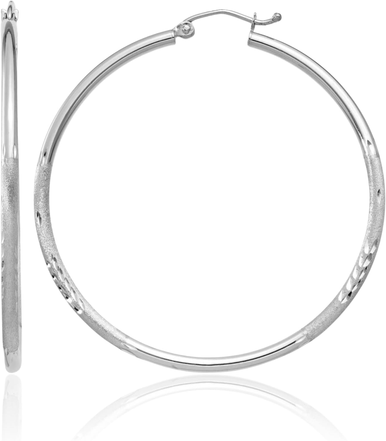 IceCarats 14K Solid White Gold Large Round Hoop Earrings 45mm 1 3/4 inch Snap Back, Diamond Cut, Matte For Her