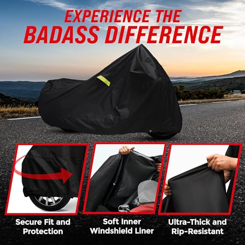 Image of Badass Moto Gear Ultimate Waterproof Motorcycle Cover. Heavy Duty, Night Reflective, Windshield Liner, Heat Shield, Vents, Lock Pocket, Taped Seams (108' Full Dressers, Goldwing, Tourers) Extra L | Heavy-duty bike cover waterproof outdoor; fits Harley Ultra Limited, CVO, Road King, Gold Wing, Indian Chieftain & Roadmaster