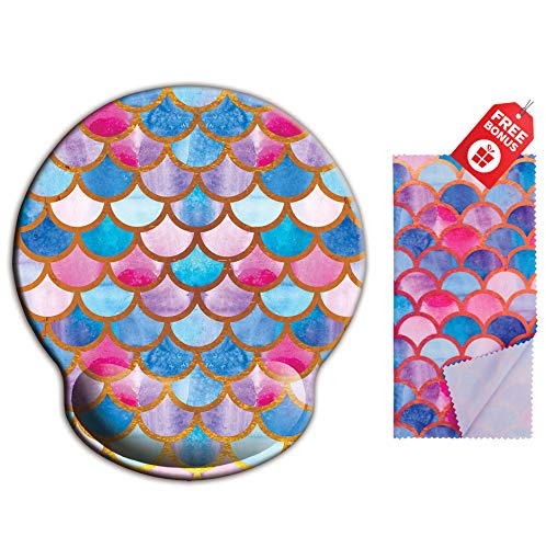 Mermaid Scale Pink Ergonomic Design Girly Cute Mouse Pad con soporte para las manos con apoyo para la muñeca. Área redonda grande de Mousing. Trapo de limpieza de microfibra a juego.