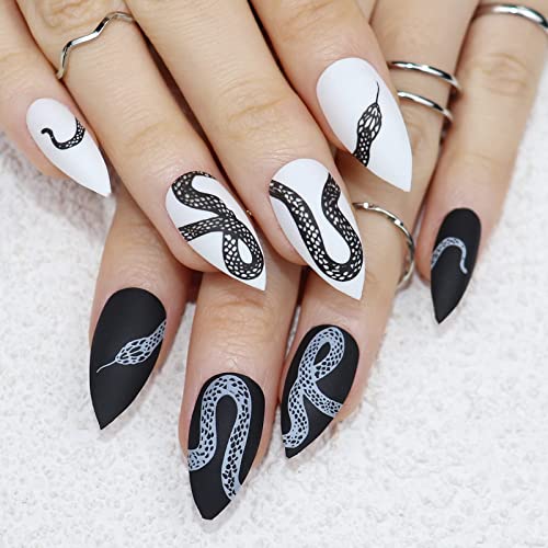 IMSOHOT Matte Stiletto Press on Nails Long Almond White False Nails Snake Pattern Black Fake Nails Full Cover Acrylic Nails for Nail Art Salon DIY Decoration