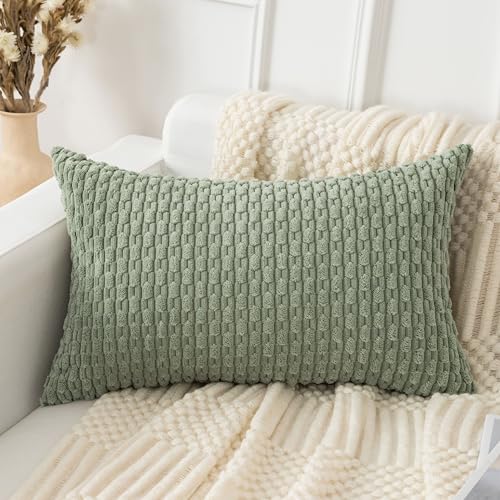 Image of UGASA Soft Corduroy Decorative Pillow Cover 12x20 Inch Boho Striped Oblong Throw Pillow Cover Modern Home Decor for Sofa Living Room Couch Bed Sage Green, 1 Piece