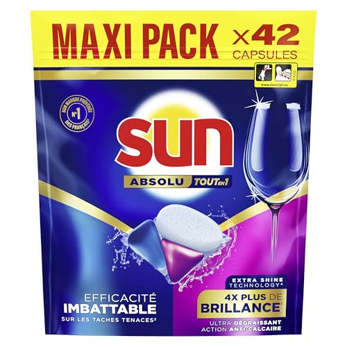 Sun Pastilles Lave-Vaisselle Absolu Tout-en-1 Brillance - 42 capsules - tablettes imbattables sur les taches tenaces - 4x plus d'éclat