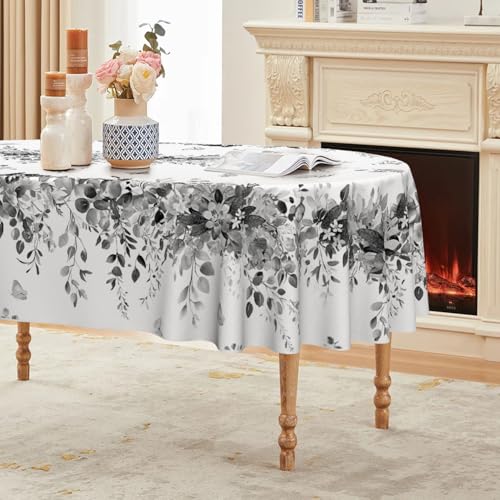 Image of Horaldaily Spring Tablecloth 60x84 Inch Oval, Eucalyptus Floral Grey Table Cover for Party Picnic Dinner Decor