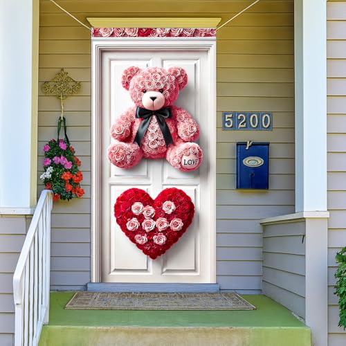 Image of Pink Rose Teddy Bear Love Heart Door Cover 35x70in Romantic