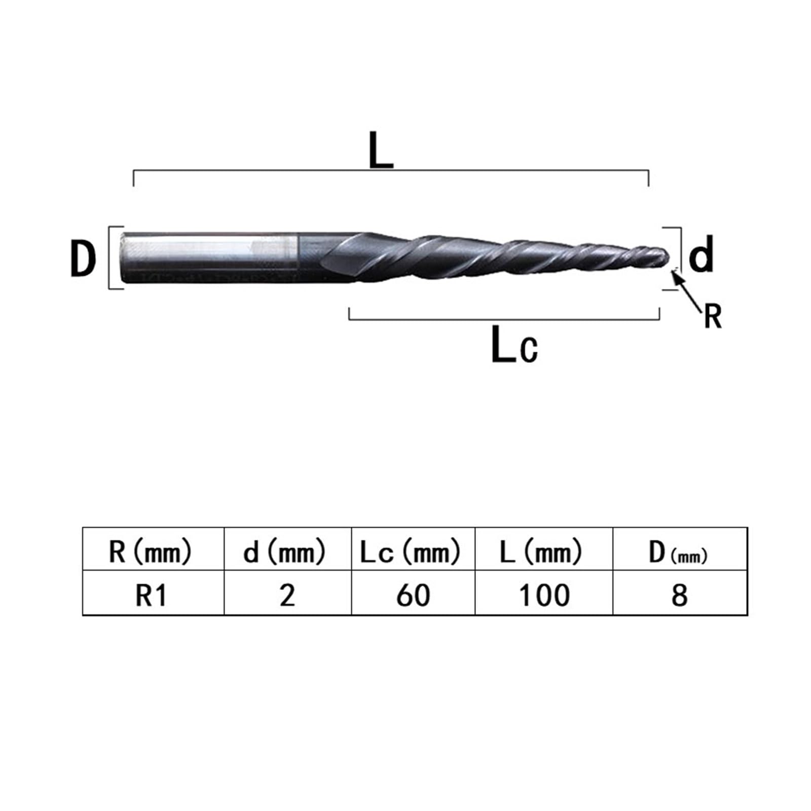 1pc frez trzpieniowy z pełnego węglika wolframu 4mm 6mm 8mm nos kulisty stożkowe frezy trzpieniowe frezy CNC stożek frez do drewna i metalu(R1X60X8DX100)