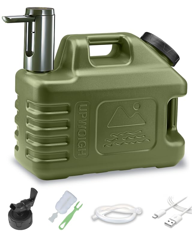 UPWOIGH 3.5 Gallon(13.3L) Portable Water Jug, Dark Green Leakproof Container with Screw-Lock Lid & Touch Pump, Nature-Inspired Carved Water Tank with Spigot, Type-C Rechargeable for Camping Hiking