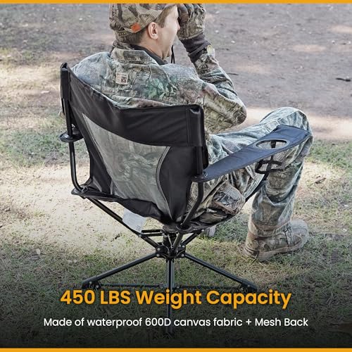 ARROWHEAD OUTDOOR 360° Degree Swivel Hunting Chair w/Armrests, Perfect for Blinds, No Sink Feet, Supports up to 450lbs, Carrying Case, Steel Frame, Fishing, High-Grade 600D Canvas, USA-Based Support,