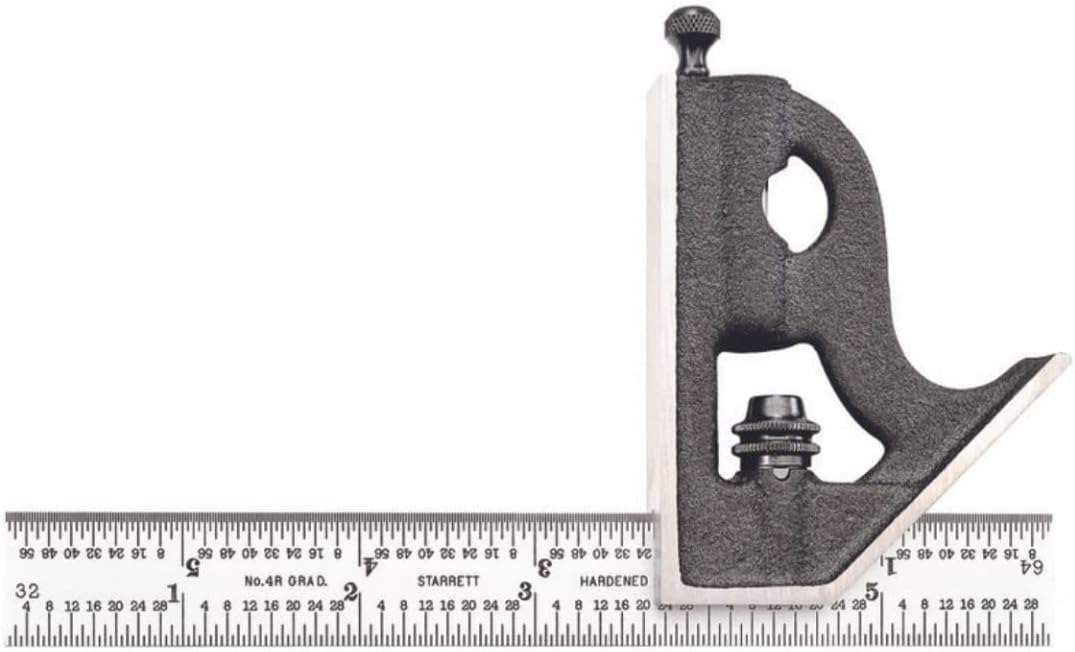 Starrett Steel Combination Square with Square Head - 6" Blade Length, Cast Iron Heads, Hardened Steel, Reversible Lock Bolt, Scriber, Spirit Level, 4R Graduation Type - 11H-6-4R