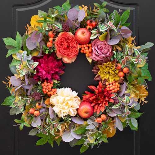 Fall Wreaths for Front Door Outside Autumn Wreath with Flowers, A...