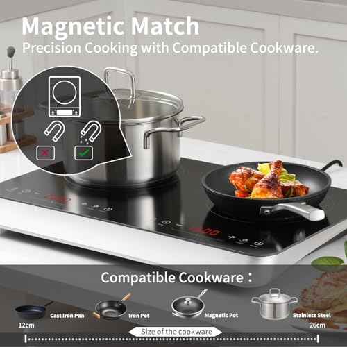 induktionskochfeld 2 platten, Doppel-induktionskochplatte 3500W, 10 Temperaturstufen, 9 Leistungsstufen,Booster-Funktion, 4-Stunden-Timer, Touch-Steuerung, Schwarz – Bild 6