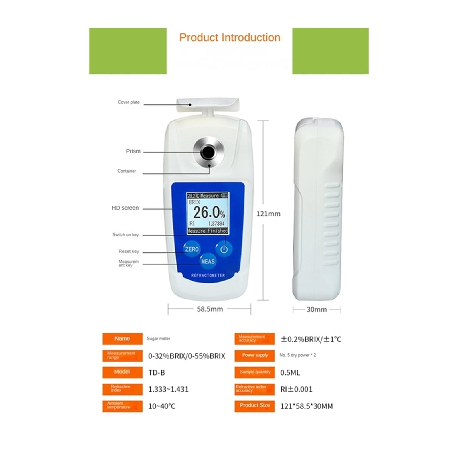 Refractómetro, Refractómetro Digital Medidor de azúcar Frutas Rango medición Bebidas Jugo 0-55%